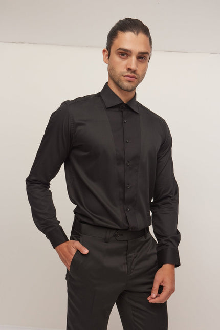 Men's Slim Fit Pique Front Tuxedo Shirt - Black | Ron Tomson