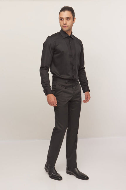 Men's Slim Fit Pique Front Tuxedo Shirt - Black | Ron Tomson