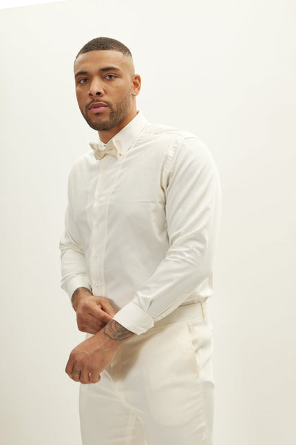 Men's Slim Fit Pique Front Tuxedo Shirt - Beige | Ron Tomson