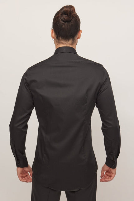 Men's Slim Fit Pique Front Tuxedo Shirt - Black | Ron Tomson