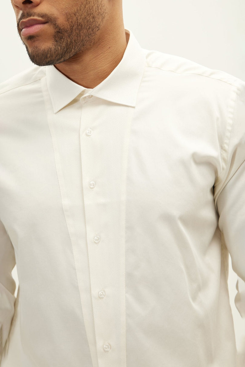 Men's Slim Fit Pique Front Tuxedo Shirt - Beige | Ron Tomson
