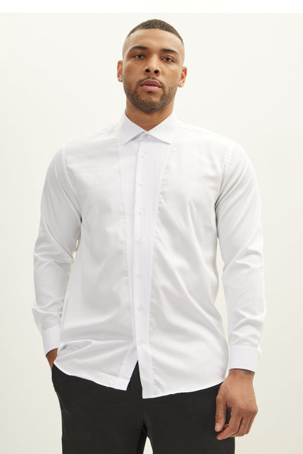 Slim Fit Pique Front Long Sleeve Dress Shirt