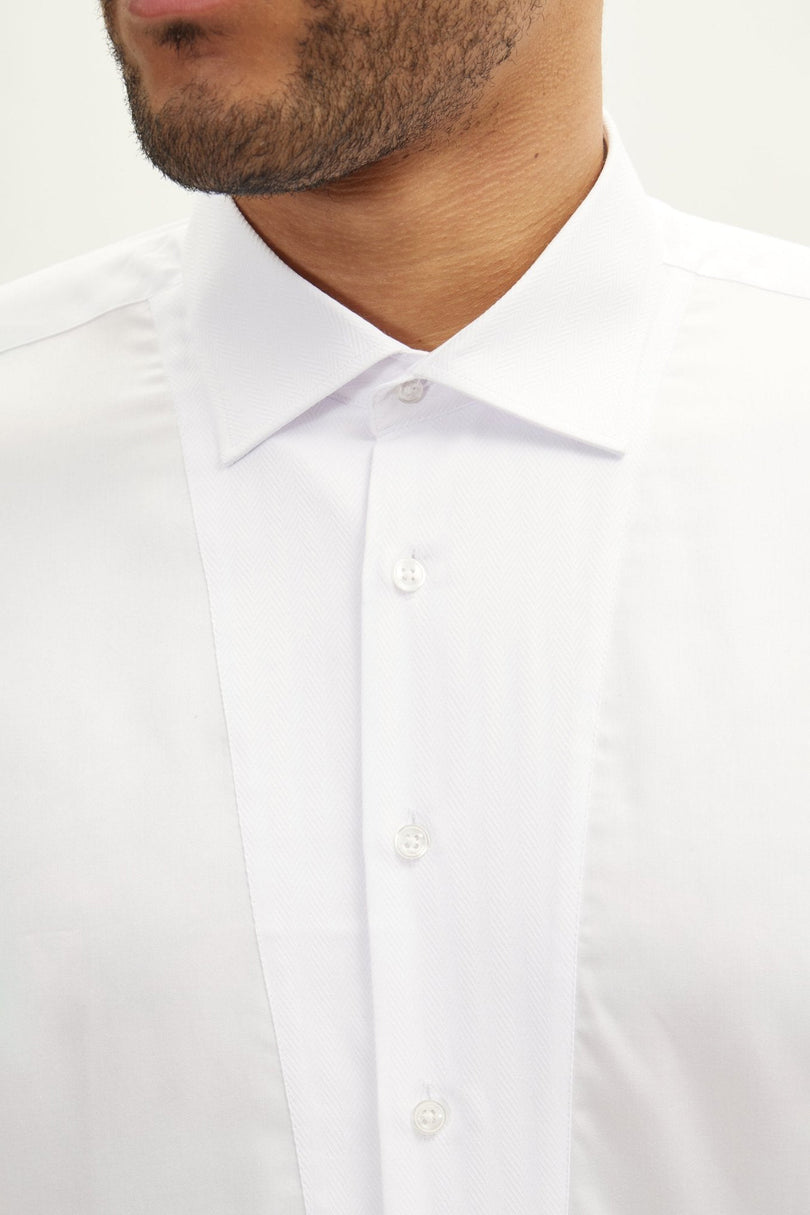 Men's Slim Fit Pique Front Tuxedo Shirt - White | Ron Tomson