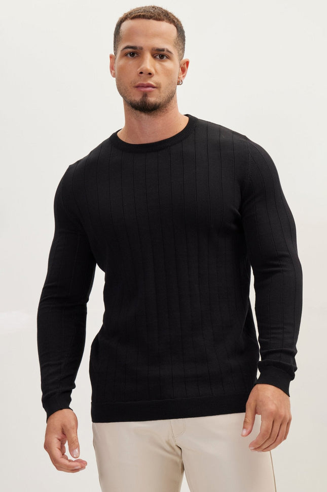 Men's Slip Stitch Crew-Neck Sweater - Black | Ron Tomson