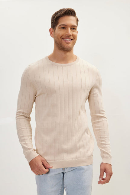Men's Striped Crew-Neck Sweater - Beige | Ron Tomson