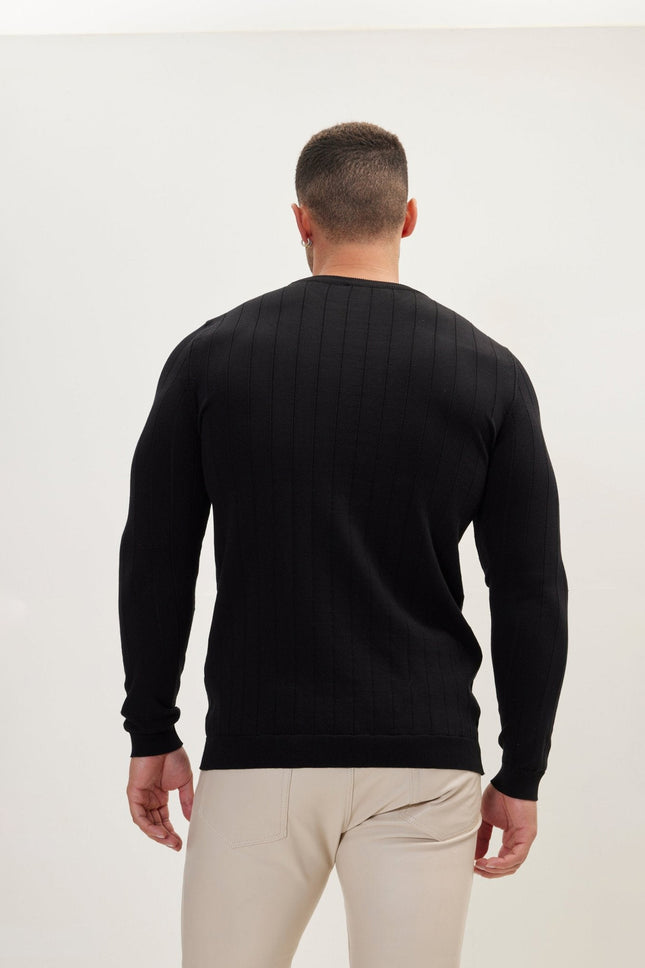 Men's Slip Stitch Crew-Neck Sweater - Black | Ron Tomson