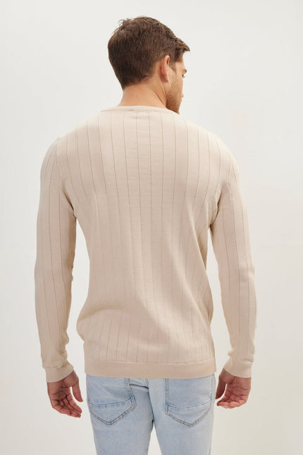 Men's Striped Crew-Neck Sweater - Beige | Ron Tomson