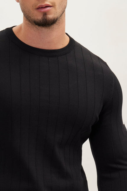Men's Slip Stitch Crew-Neck Sweater - Black | Ron Tomson