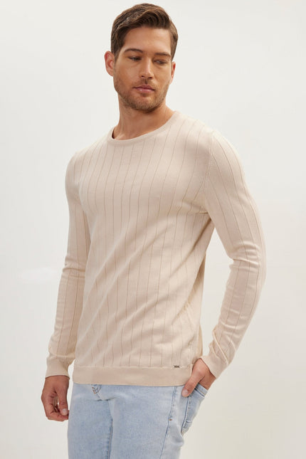 Men's Striped Crew-Neck Sweater - Beige | Ron Tomson