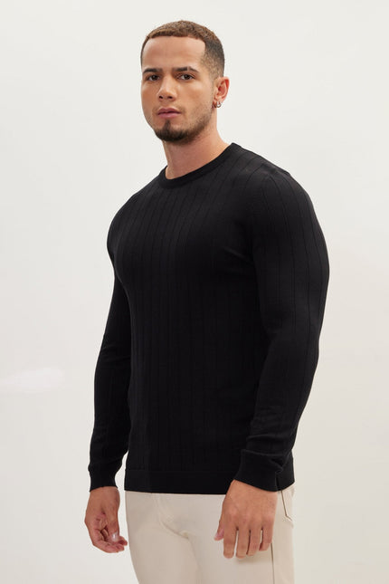 Men's Slip Stitch Crew-Neck Sweater - Black | Ron Tomson