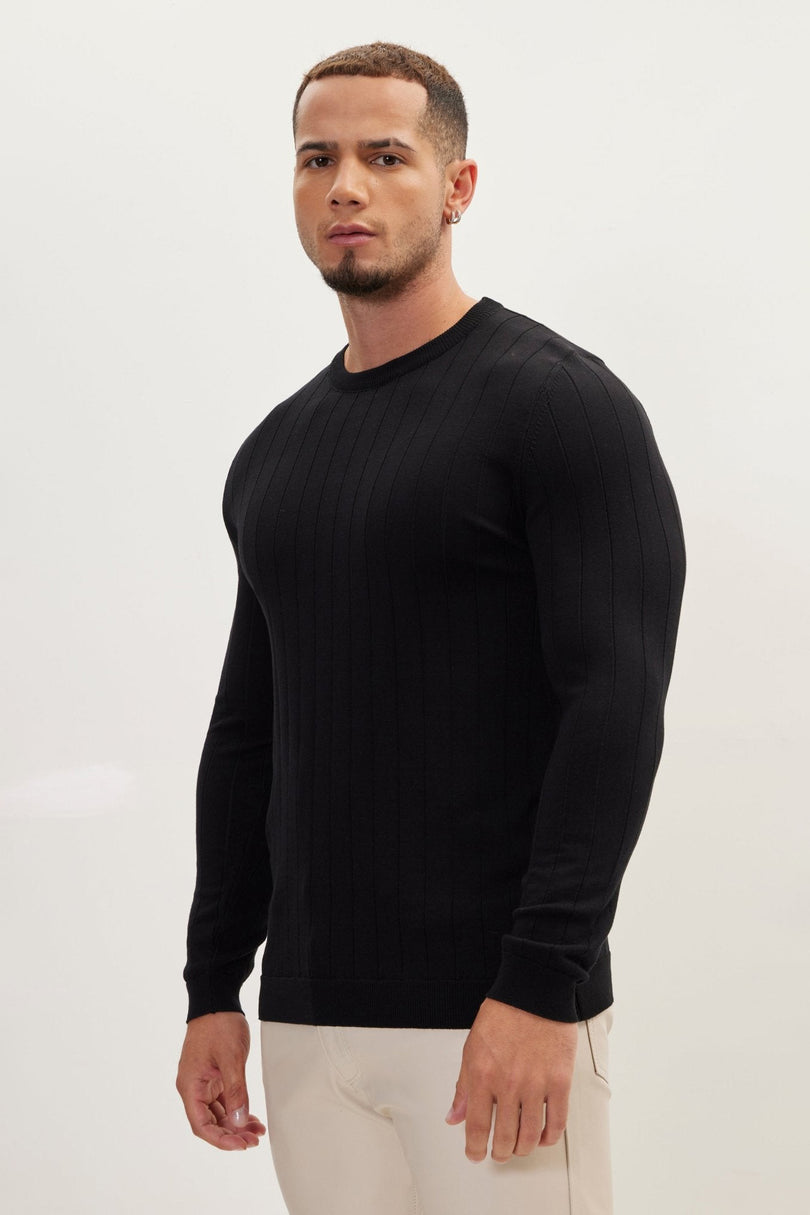 Men's Slip Stitch Crew-Neck Sweater - Black | Ron Tomson