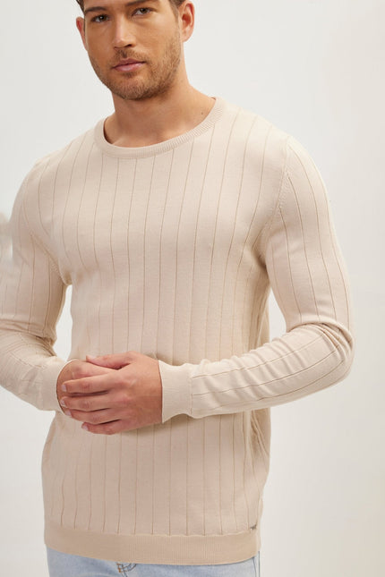Men's Striped Crew-Neck Sweater - Beige | Ron Tomson
