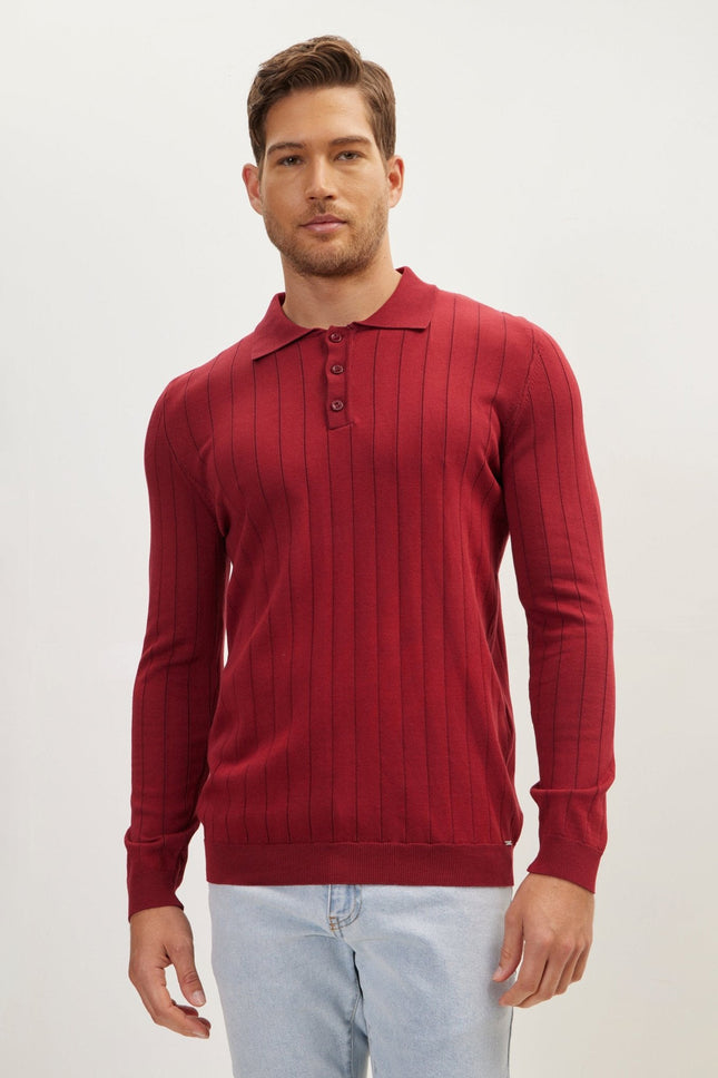 Men's Knit Polo Sweater - Burgundy | Ron Tomson