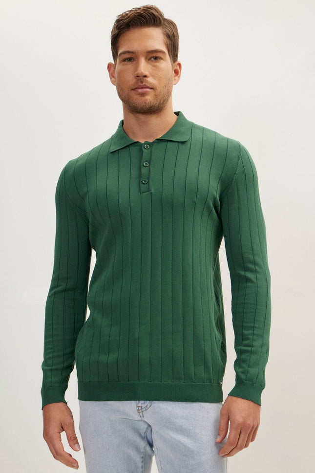 Men's Knit Polo Sweater - Green | Ron Tomson