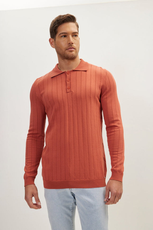Men's Knit Polo Sweater - Brick | Ron Tomson