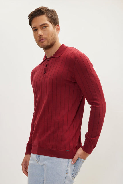 Men's Knit Polo Sweater - Burgundy | Ron Tomson