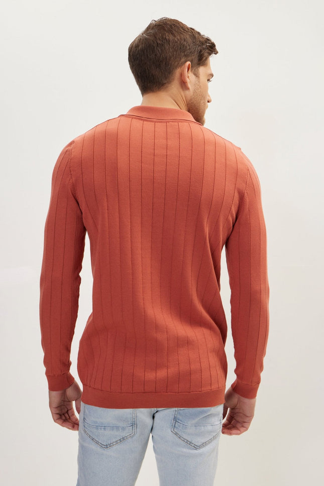 Men's Knit Polo Sweater - Brick | Ron Tomson