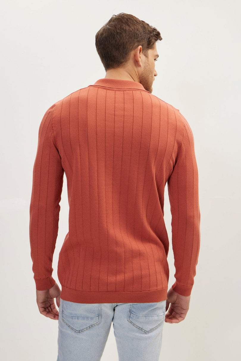 Men's Knit Polo Sweater - Brick | Ron Tomson