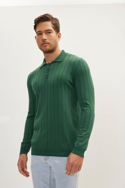 Men's Knit Polo Sweater - Green | Ron Tomson