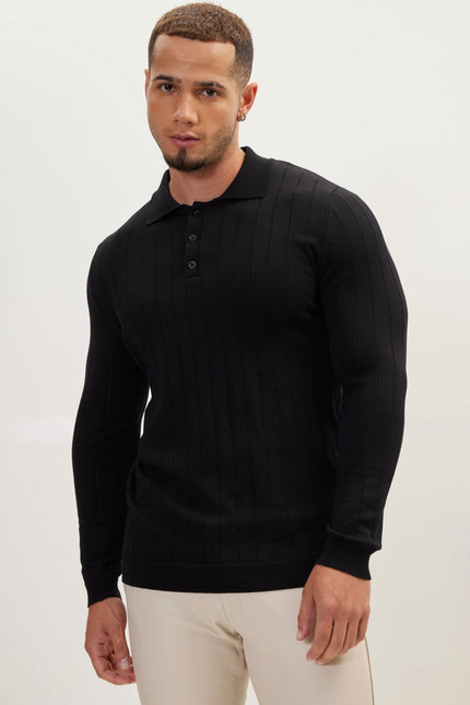 Men's Knit Polo Sweater - Black | Ron Tomson
