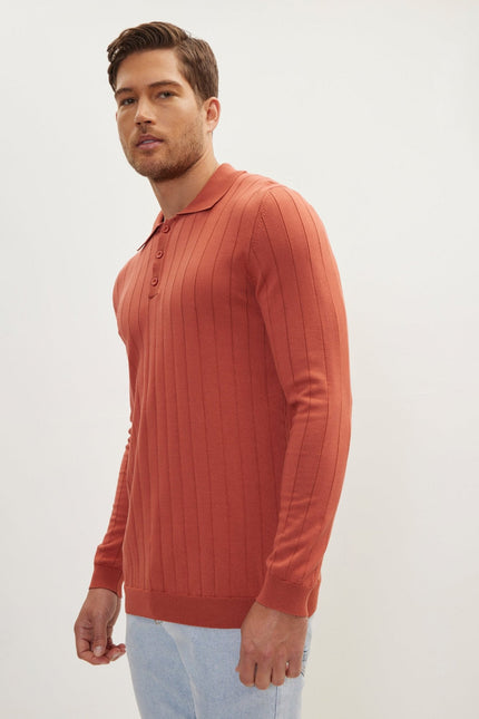 Men's Knit Polo Sweater - Brick | Ron Tomson