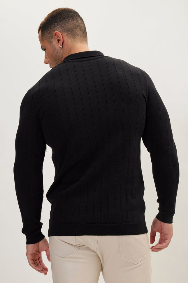 Men's Knit Polo Sweater - Black | Ron Tomson