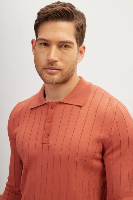 Men's Knit Polo Sweater - Brick | Ron Tomson