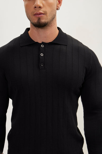 Men's Knit Polo Sweater - Black | Ron Tomson