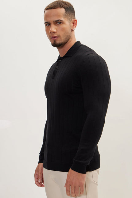 Men's Knit Polo Sweater - Black | Ron Tomson