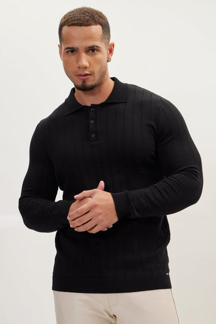 Men's Knit Polo Sweater - Black | Ron Tomson