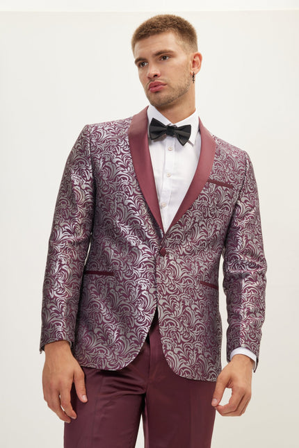 Men's Paisley Shawl Lapel Tuxedo Jacket - Silver Burgundy | Ron Tomson