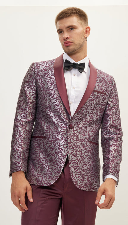 Paisley Shawl Lapel Tuxedo Jacket - Silver Burgundy
