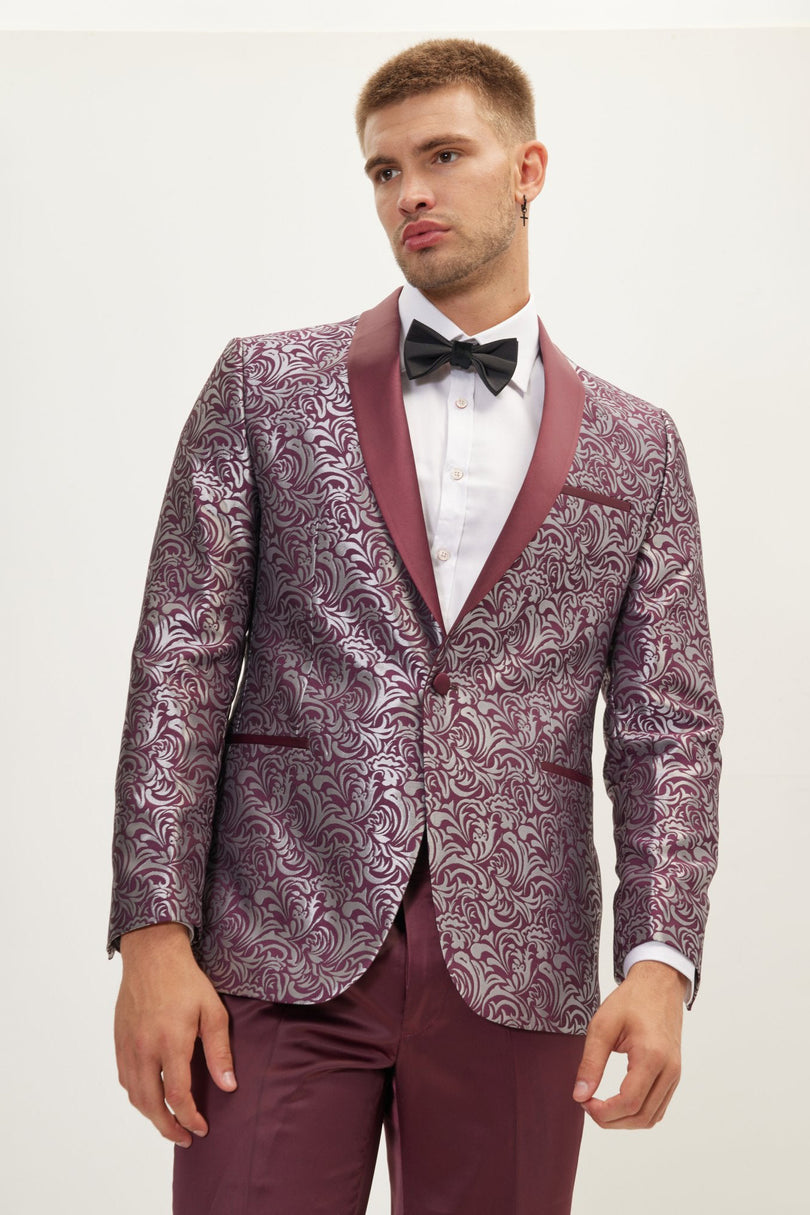 Men's Paisley Shawl Lapel Tuxedo Jacket - Silver Burgundy | Ron Tomson