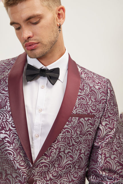 Men's Paisley Shawl Lapel Tuxedo Jacket - Silver Burgundy | Ron Tomson