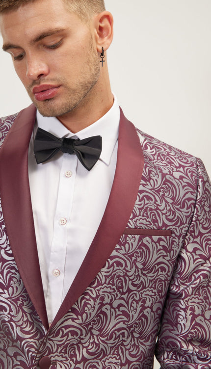 Paisley Shawl Lapel Tuxedo Jacket - Silver Burgundy