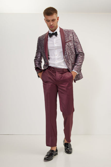 Men's Paisley Shawl Lapel Tuxedo Jacket - Silver Burgundy | Ron Tomson
