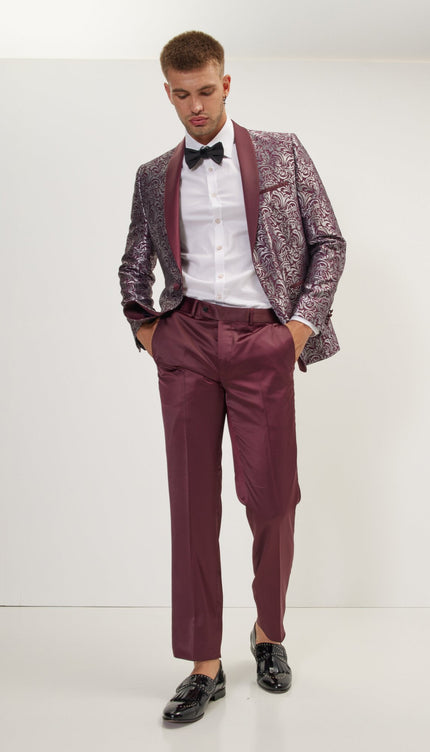 Paisley Shawl Lapel Tuxedo Jacket - Silver Burgundy