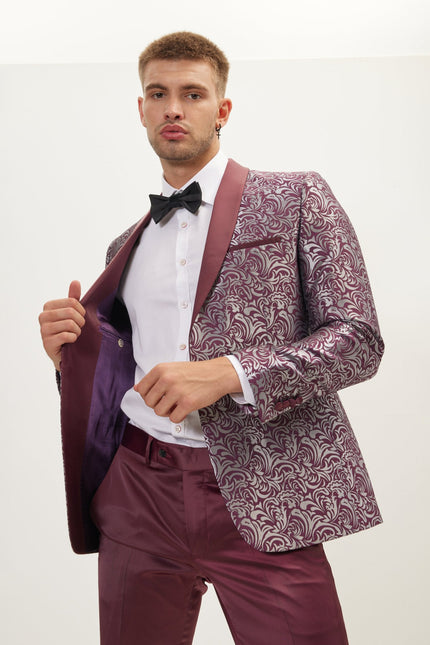 Men's Paisley Shawl Lapel Tuxedo Jacket - Silver Burgundy | Ron Tomson