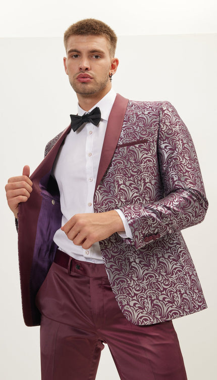 Paisley Shawl Lapel Tuxedo Jacket - Silver Burgundy