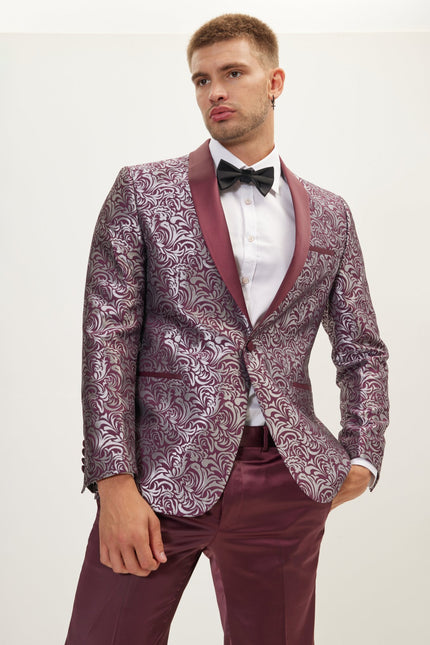 Men's Paisley Shawl Lapel Tuxedo Jacket - Silver Burgundy | Ron Tomson