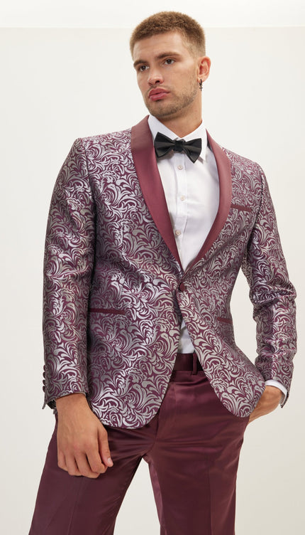 Paisley Shawl Lapel Tuxedo Jacket - Silver Burgundy