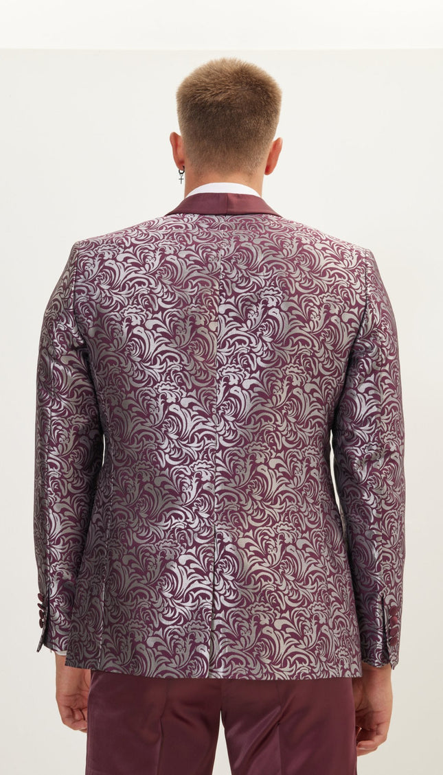 Paisley Shawl Lapel Tuxedo Jacket - Silver Burgundy