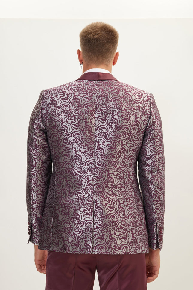 Men's Paisley Shawl Lapel Tuxedo Jacket - Silver Burgundy | Ron Tomson
