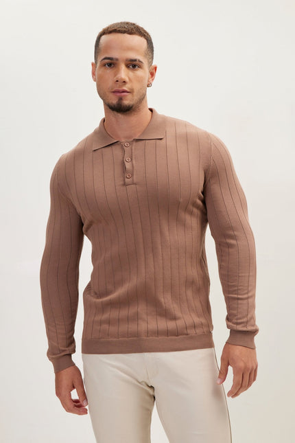 Men's Knit Polo Sweater - Light Brown | Ron Tomson