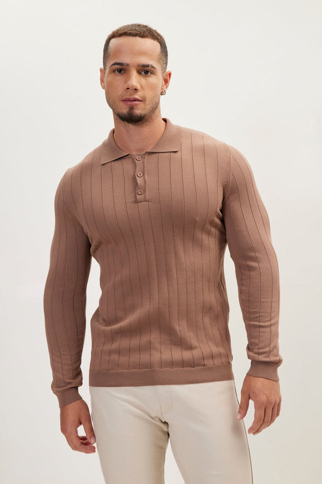 Men's Knit Polo Sweater - Light Brown | Ron Tomson