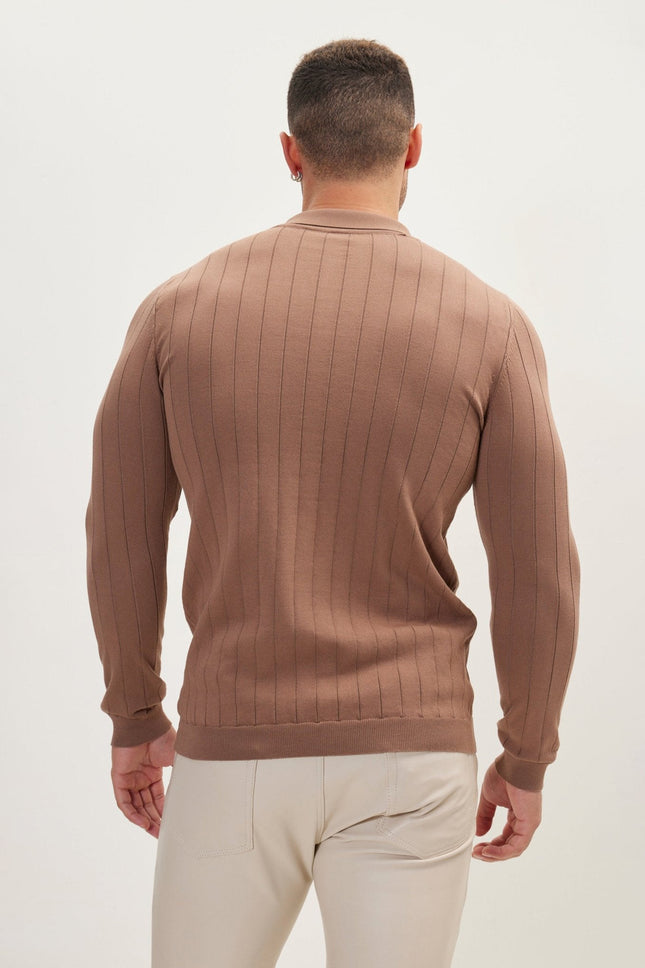 Men's Knit Polo Sweater - Light Brown | Ron Tomson