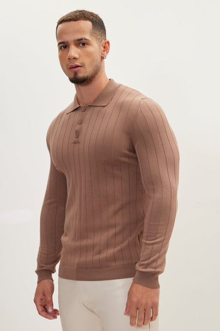Men's Knit Polo Sweater - Light Brown | Ron Tomson