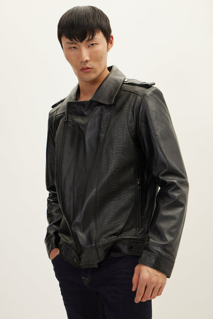 Men's Snakeskin Embossed Leather Field Jacket - Black | Ron Tomson