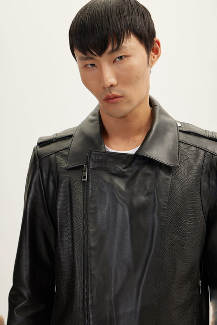 Men's Snakeskin Embossed Leather Field Jacket - Black | Ron Tomson