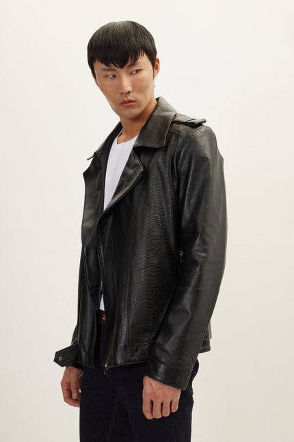 Men's Snakeskin Embossed Leather Field Jacket - Black | Ron Tomson
